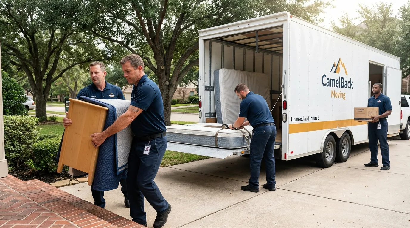 Crew loading residential truck for cross-state move from Bellows Falls, VT