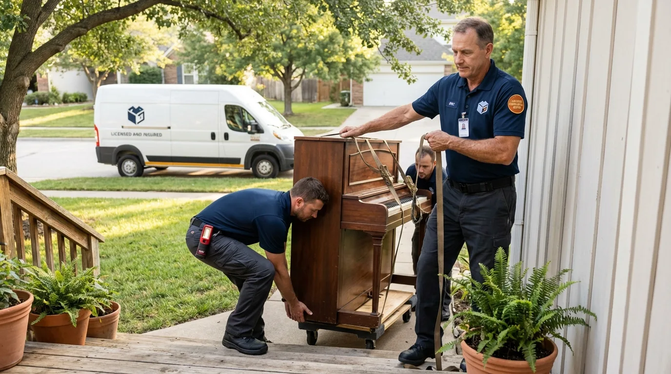 Licensed piano movers securing grand piano in Bellows Falls, VT