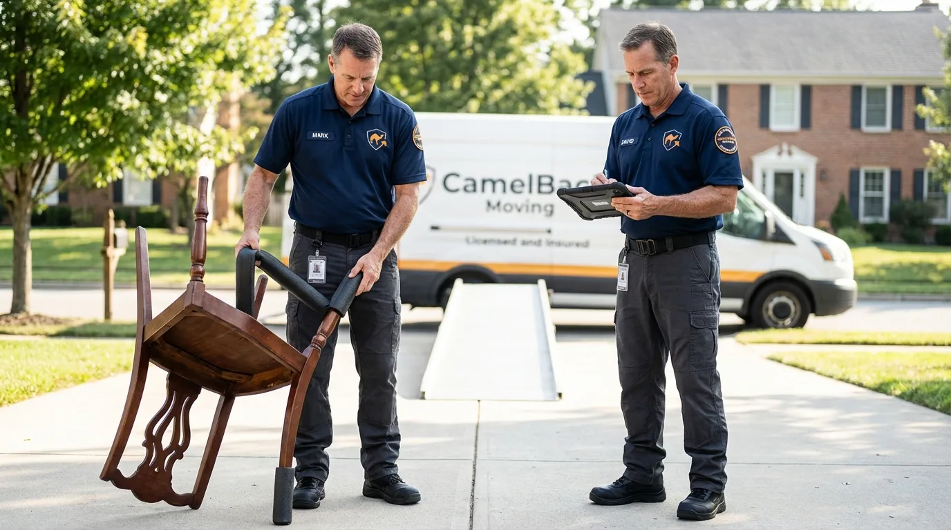 Movers inspecting furniture for damage prevention before loading in Bellows Falls, VT