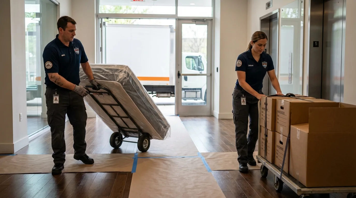 Professional apartment movers loading elevator in Bellows Falls, VT