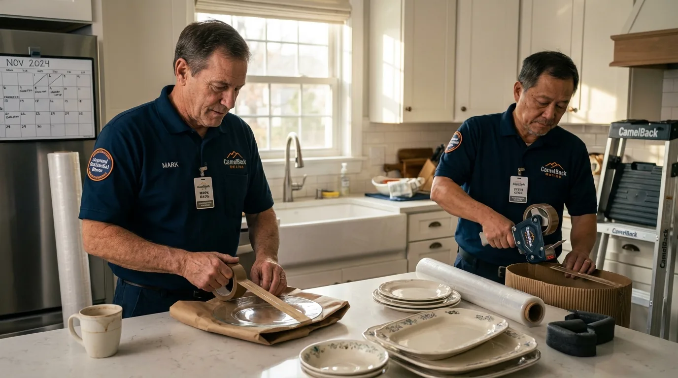Professional crew packing kitchen dishware in Bellows Falls, VT